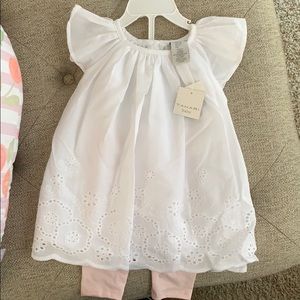 Eyelet dress, pink leggings